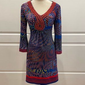 Joseph Ribkoff Multi Print Beaded front Tie Back Dress Size 8